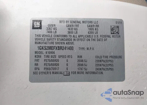 2011 GMC Yukon Xl 1500 Denali z USA, uszkodzony, nr VIN 1GKS2MEFXBR241400